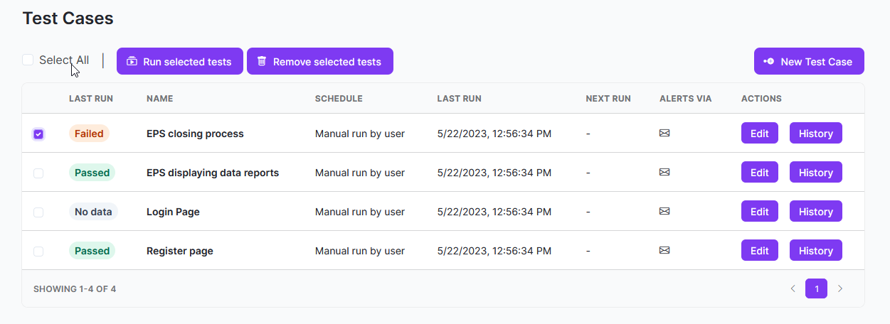 TestNot history of test runs